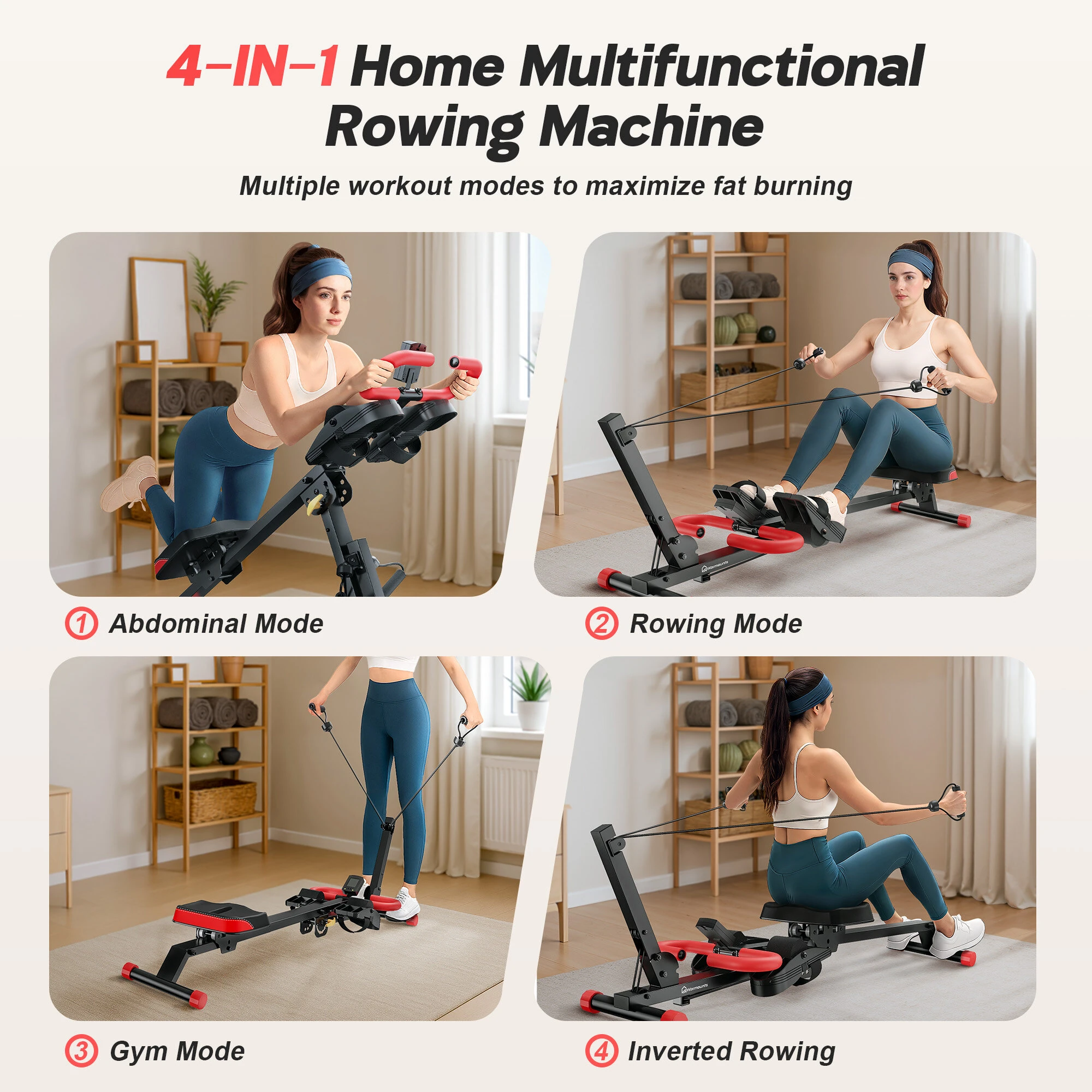 WARMOUNTS 4 in 1 Foldable Rowing Machine with LCD Monitor 4 Levels &