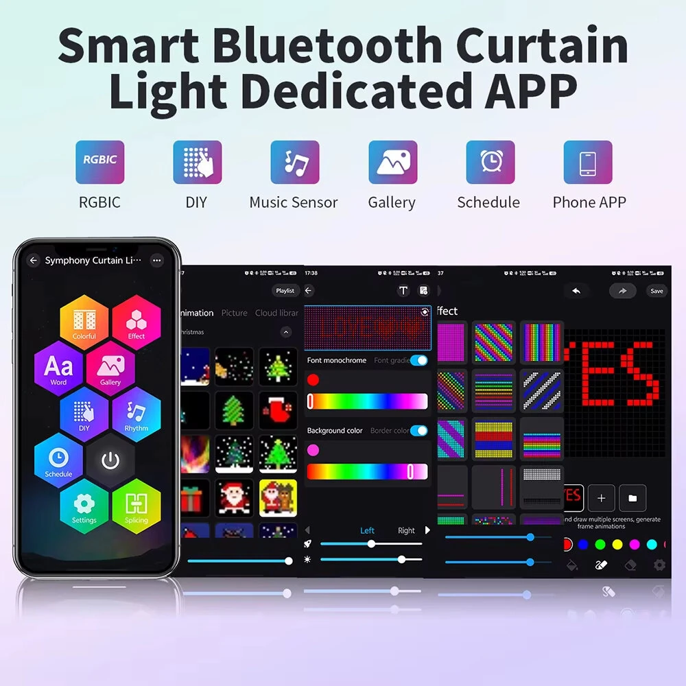 Elfeland Smart Curtain Lights Bluetooth APP Control RGBIC LED Strings Window Decor with - Image 3