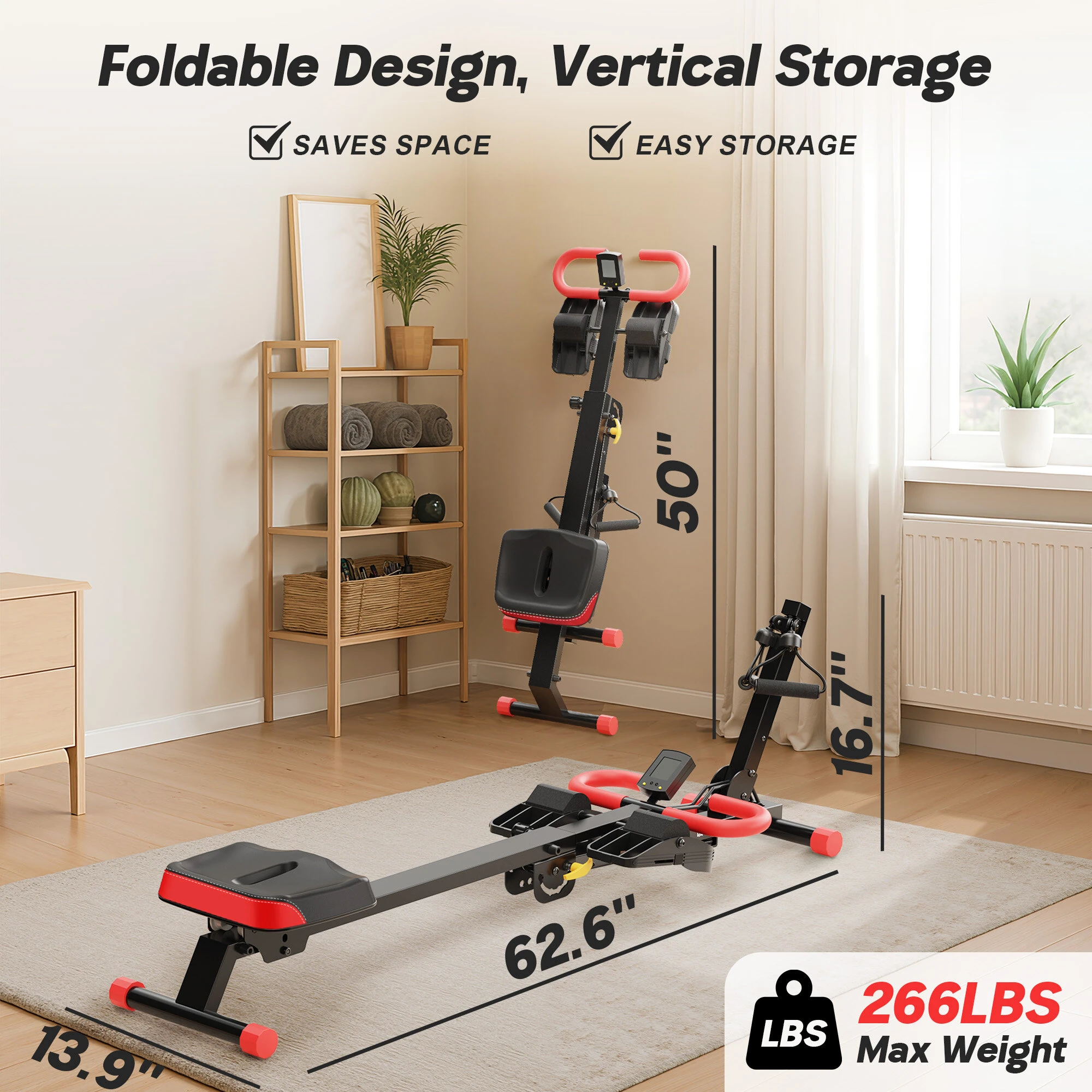 WARMOUNTS 4 in 1 Foldable Rowing Machine with LCD Monitor 4 Levels & - Image 6